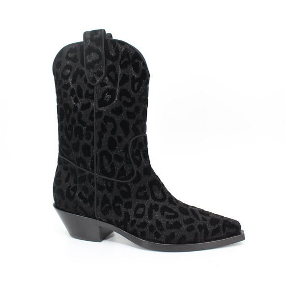 Dolce & Gabbana Black Leopard Metallic Heeled Cowboy Ankle Boots 38.5 Bootie - Picture 1 of 7